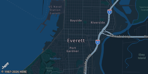Map of Everett, WA. The exact address of The Edward D. Conference Center is not known, so the map shows the area rather than a specific building.