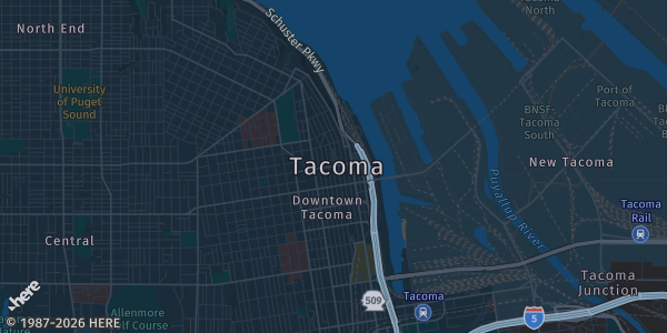 Map of Tacoma, WA. The exact address of Hotel Murano is not known, so the map shows the area rather than a specific building.