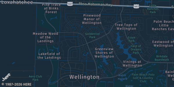 Map of Wellington, FL. The exact address of Wellington Community Center is not known, so the map shows the area rather than a specific building.