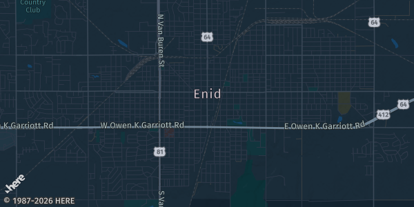 Map of Enid, OK. The exact address of Enid Comic Con is not known, so the map shows the area rather than a specific building.