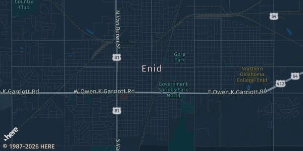 Map of Enid, OK. The exact address of Enid Comic Con is not known, so the map shows the area rather than a specific building.