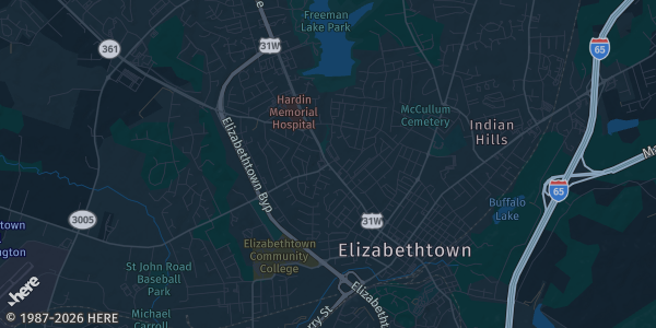 Map of Elizabethtown, KY. The exact address of Etown Card Expo is not known, so the map shows the area rather than a specific building.