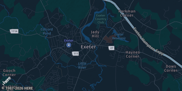 Map of Exeter, NH. The exact address of Exeter Town Hall is not known, so the map shows the area rather than a specific building.