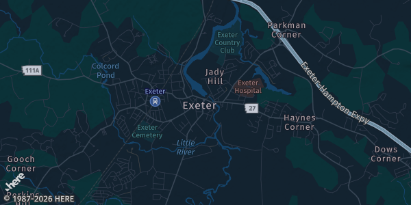 Map of Exeter, NH. The exact address of Exeter Town Hall is not known, so the map shows the area rather than a specific building.