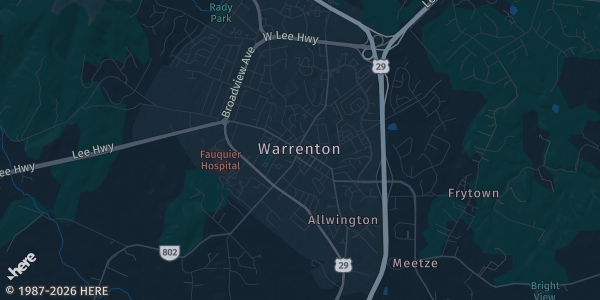 Map of Warrenton, VA. The exact address of Warrenton Community Center is not known, so the map shows the area rather than a specific building.