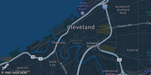 Map of Cleveland, OH. The exact address of Fan Expo Cleveland is not known, so the map shows the area rather than a specific building.
