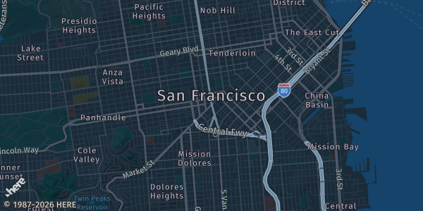 Map of San Francisco, CA. The exact address of Fan Expo San Francisco is not known, so the map shows the area rather than a specific building.