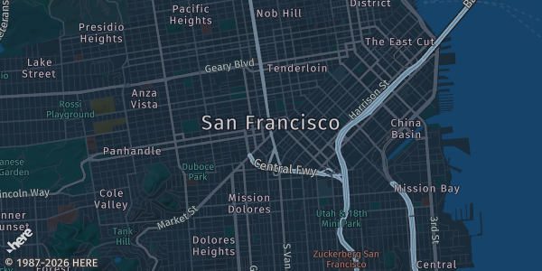 Map of San Francisco, CA. The exact address of Fan Expo San Francisco is not known, so the map shows the area rather than a specific building.