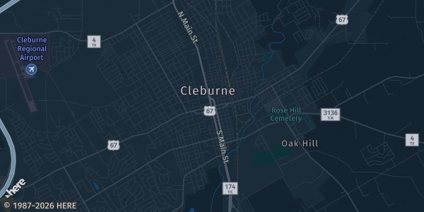 Map of Cleburne, TX. The exact address of Cleburne Conference Center. is not known, so the map shows the area rather than a specific building.
