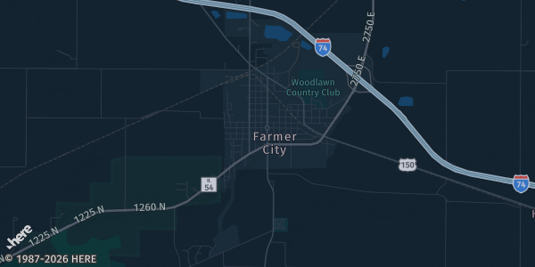 Map of Farmer City, IL. The exact address of American Legion is not known, so the map shows the area rather than a specific building.