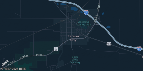 Map of Farmer City, IL. The exact address of American Legion is not known, so the map shows the area rather than a specific building.