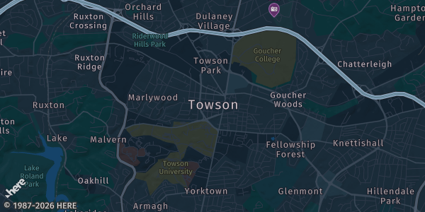 Map of Townson, MD. The exact address of Farpoint Convention is not known, so the map shows the area rather than a specific building.