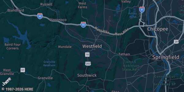 Map of Westfield, MA. The exact address of Great Awakening Brewing Company is not known, so the map shows the area rather than a specific building.