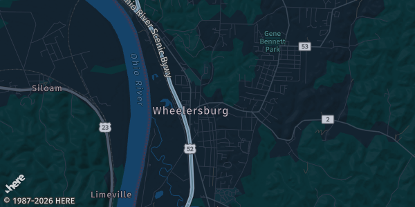 Map of Wheelersburg, OH. The exact address of The Gathering Place is not known, so the map shows the area rather than a specific building.