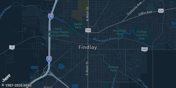 Map of Findlay, OH. The exact address of Hancock Co Fairgrounds is not known, so the map shows the area rather than a specific building.