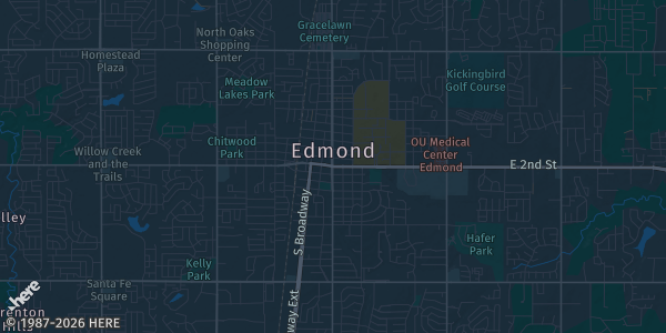 Map of Edmond, OK. The exact address of The Hobbyist Colony Card Shop is not known, so the map shows the area rather than a specific building.