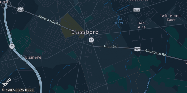 Map of Glassboro, NJ. The exact address of Rowan Rec Center is not known, so the map shows the area rather than a specific building.
