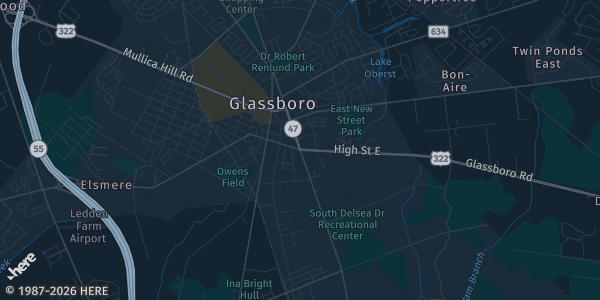 Map of Glassboro, NJ. The exact address of Rowan Rec Center is not known, so the map shows the area rather than a specific building.