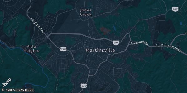 Map of Martinsville, VA. The exact address of New College Institute is not known, so the map shows the area rather than a specific building.