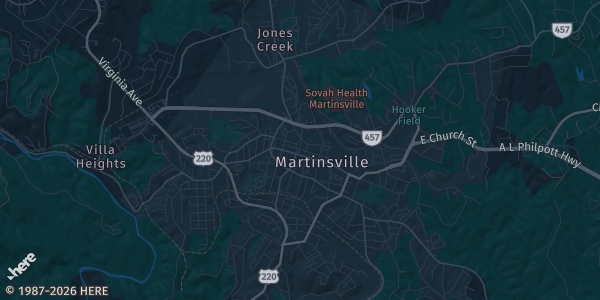 Map of Martinsville, VA. The exact address of New College Institute is not known, so the map shows the area rather than a specific building.