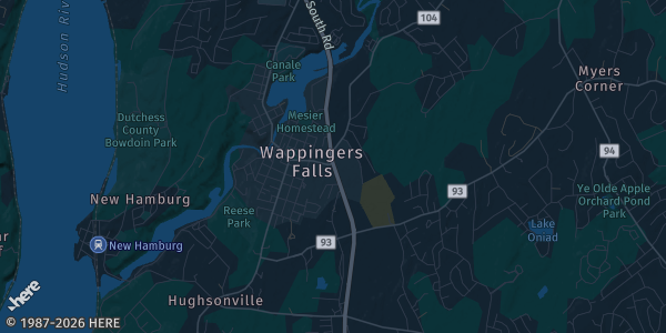 Map of Wappingers Falls, NY. The exact address of The Trinity Episcopal Church is not known, so the map shows the area rather than a specific building.