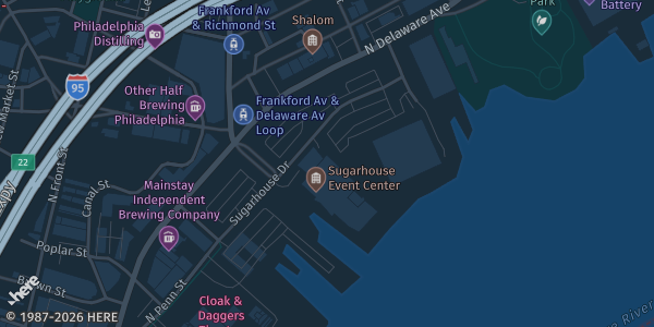 Map showing Rivers Casino Philadelphia in Philadelphia, PA.
