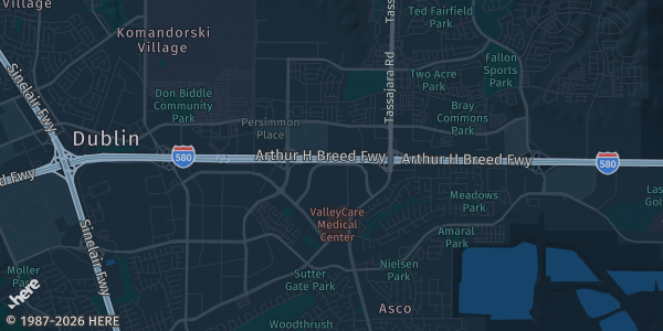 Map of Pleasanton, CA. The exact address of Rosewood Commons Conference Center is not known, so the map shows the area rather than a specific building.