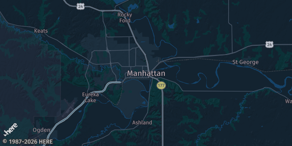 Map of Manhattan, KS. The exact address of Manhattan Town Center is not known, so the map shows the area rather than a specific building.
