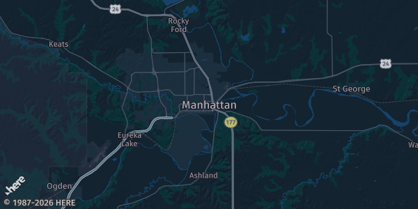 Map of Manhattan, KS. The exact address of Manhattan Town Center is not known, so the map shows the area rather than a specific building.