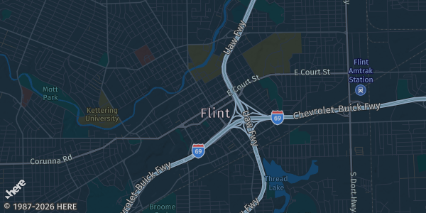 Map of Flint, MI. The exact address of B’s Bowling Center is not known, so the map shows the area rather than a specific building.