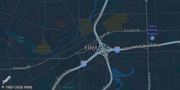 Map of Flint, MI. The exact address of B’s Bowling Center is not known, so the map shows the area rather than a specific building.