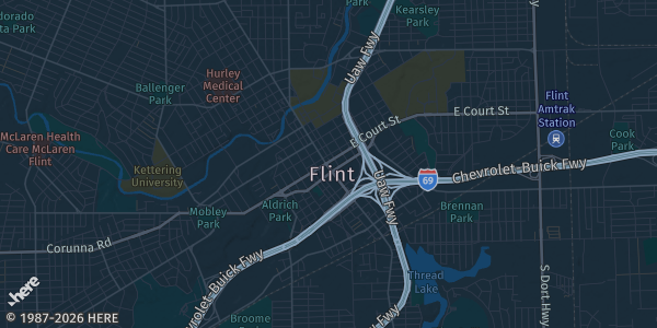 Map of Flint, MI. The exact address of B’s Bowling Center is not known, so the map shows the area rather than a specific building.