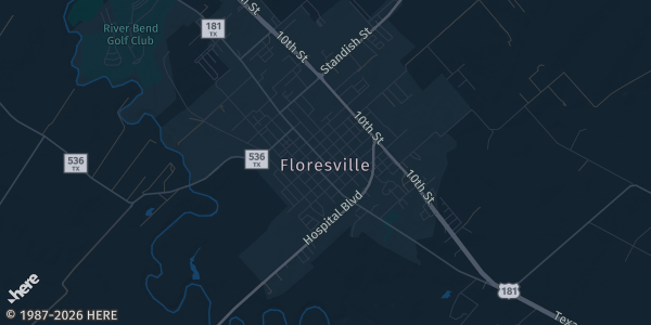 Map of Floresville, TX. The exact address of Floresville Community Center is not known, so the map shows the area rather than a specific building.