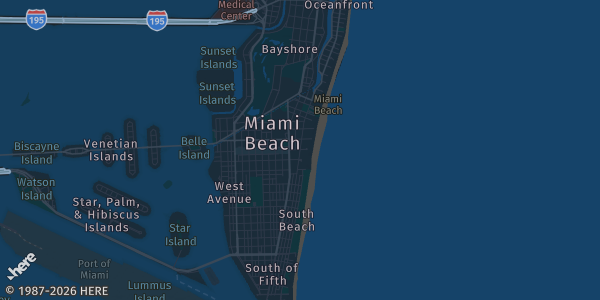 Map of Miami Beach, FL. The exact address of Florida Supercon is not known, so the map shows the area rather than a specific building.