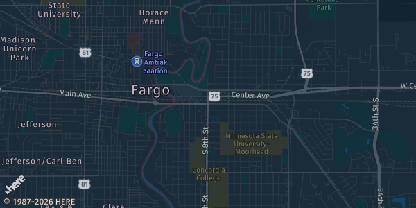 Map of Moorhead, MN. The exact address of Courts and Pints (Moorhead) is not known, so the map shows the area rather than a specific building.