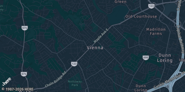 Map of Vienna, VA. The exact address of American Legion Post 180 is not known, so the map shows the area rather than a specific building.