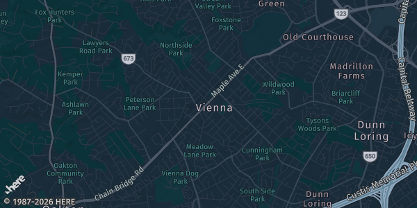 Map of Vienna, VA. The exact address of American Legion Post 180 is not known, so the map shows the area rather than a specific building.