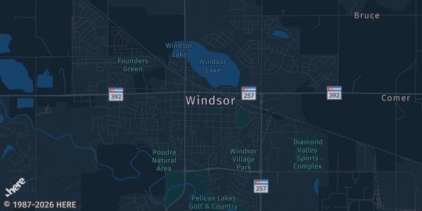Map of Windsor, CO. The exact address of No Co Sports Center is not known, so the map shows the area rather than a specific building.