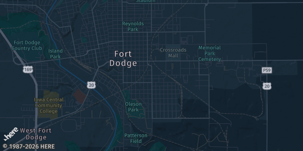 Map of Fort Dodge, IA. The exact address of Webster County Fairgrounds is not known, so the map shows the area rather than a specific building.