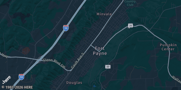 Map of Fort Payne, AL. The exact address of VFW Fairgrounds is not known, so the map shows the area rather than a specific building.