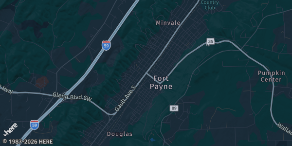 Map of Fort Payne, AL. The exact address of VFW Fairgrounds is not known, so the map shows the area rather than a specific building.