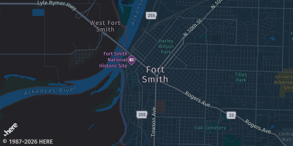 Map of Ft. Smith, AR. The exact address of Fort Smith Card Show is not known, so the map shows the area rather than a specific building.