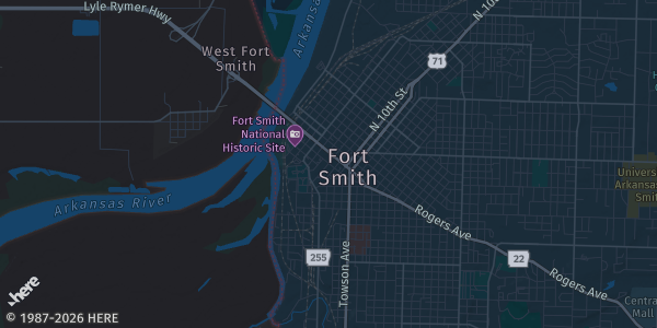 Map of Fort Smith, AR. The exact address of Fort Smith Card Show is not known, so the map shows the area rather than a specific building.