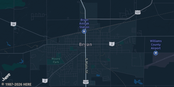 Map of Bryan, OH. The exact address of Williams County Public Library is not known, so the map shows the area rather than a specific building.