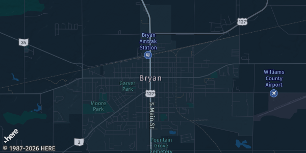 Map of Bryan, OH. The exact address of Williams County Public Library is not known, so the map shows the area rather than a specific building.