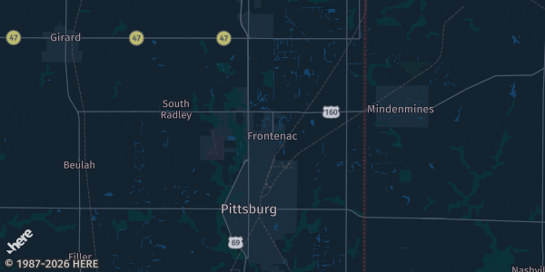 Map of Frontenac, KS. The exact address of Camptown Event Center is not known, so the map shows the area rather than a specific building.