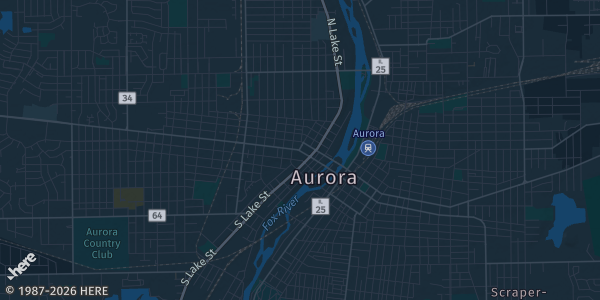 Map of Aurora, IL. The exact address of Fox Valley Center is not known, so the map shows the area rather than a specific building.
