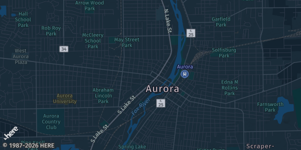 Map of Aurora, IL. The exact address of Fox Valley Center is not known, so the map shows the area rather than a specific building.