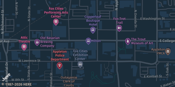 Map showing Hilton Appleton Paper Valley Hotel in WI.