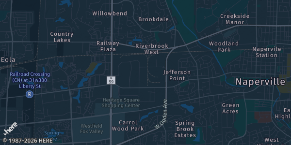 Map of Naperville, IL. The exact address of TOCA Soccer Center is not known, so the map shows the area rather than a specific building.